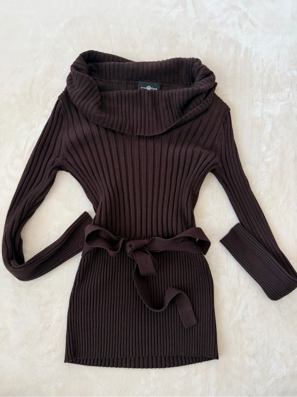 It's Our Time Ribbed Cowl Neck Sweater Tunic - Chocolate Brown